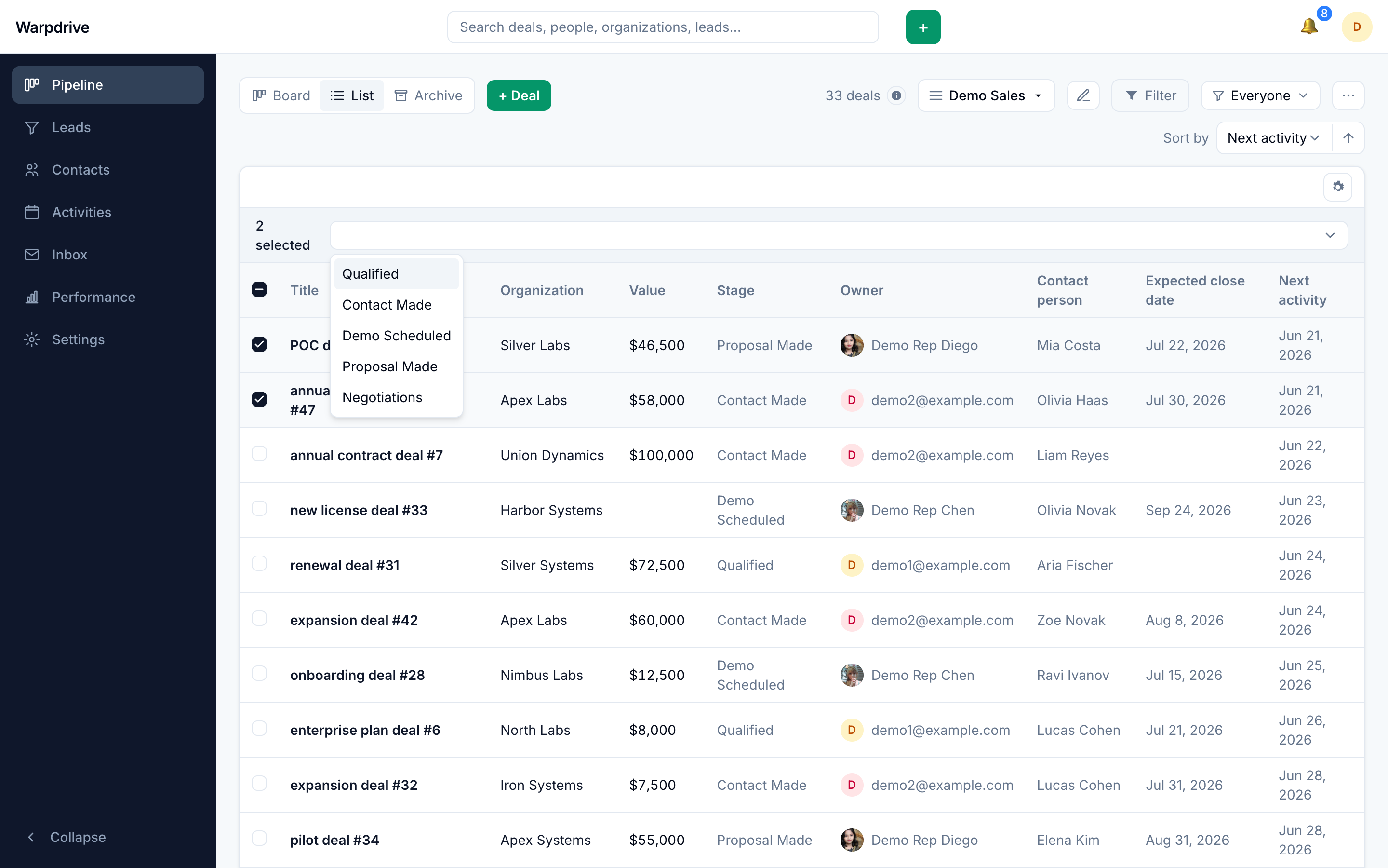 Bulk selection with the stage picker open