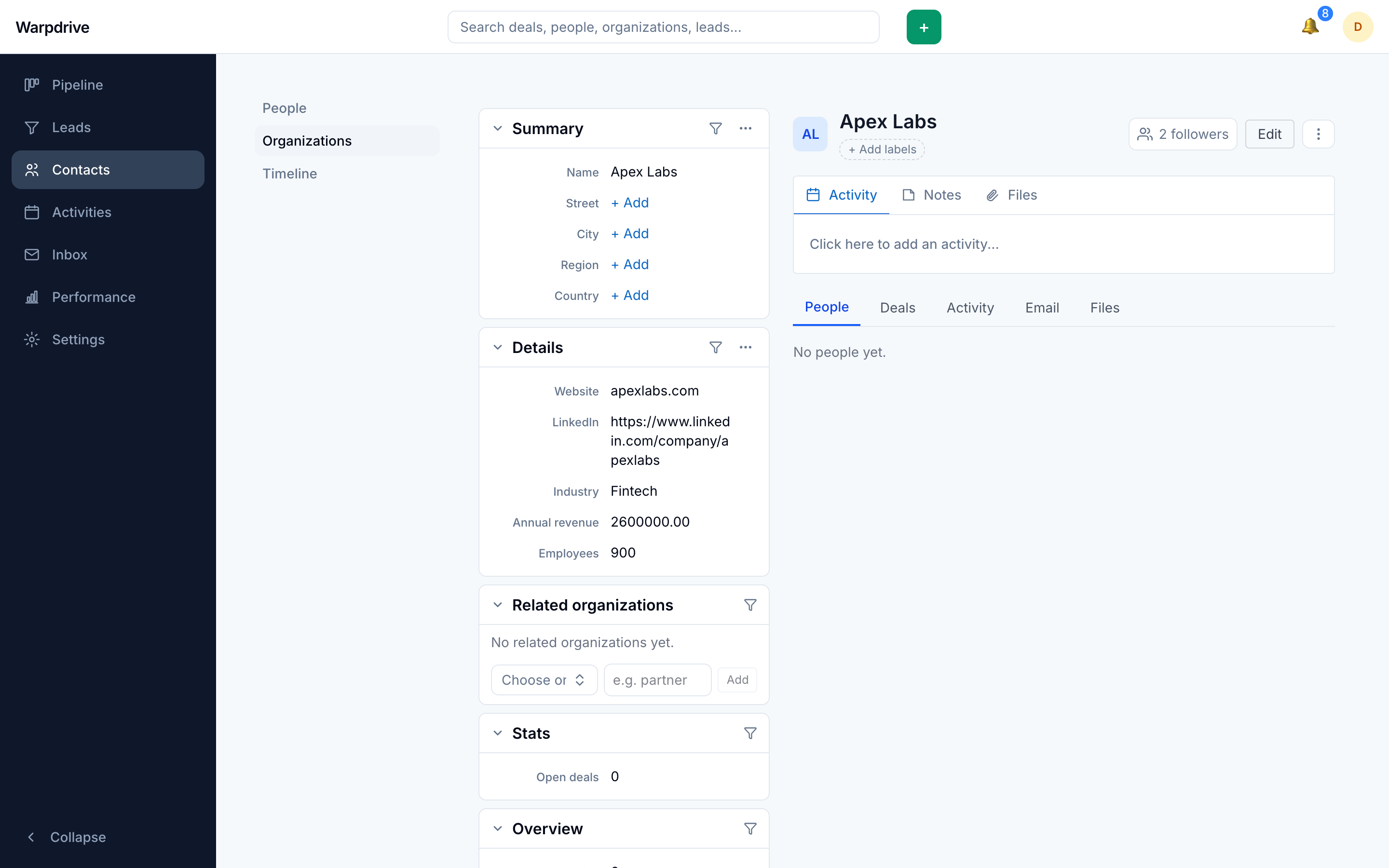 An organization detail page